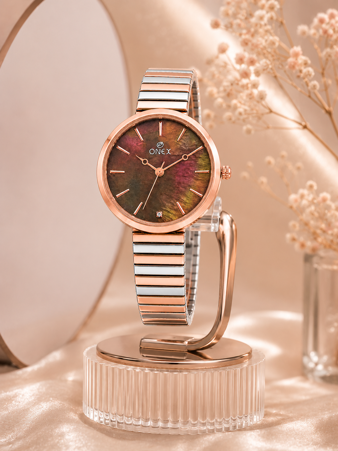 Onex Women’s Rose Gold Brown Pearl Dial Slim Bracelet Watch