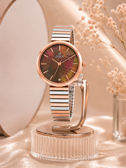 Onex Women’s Rose Gold Brown Pearl Dial Slim Bracelet Watch