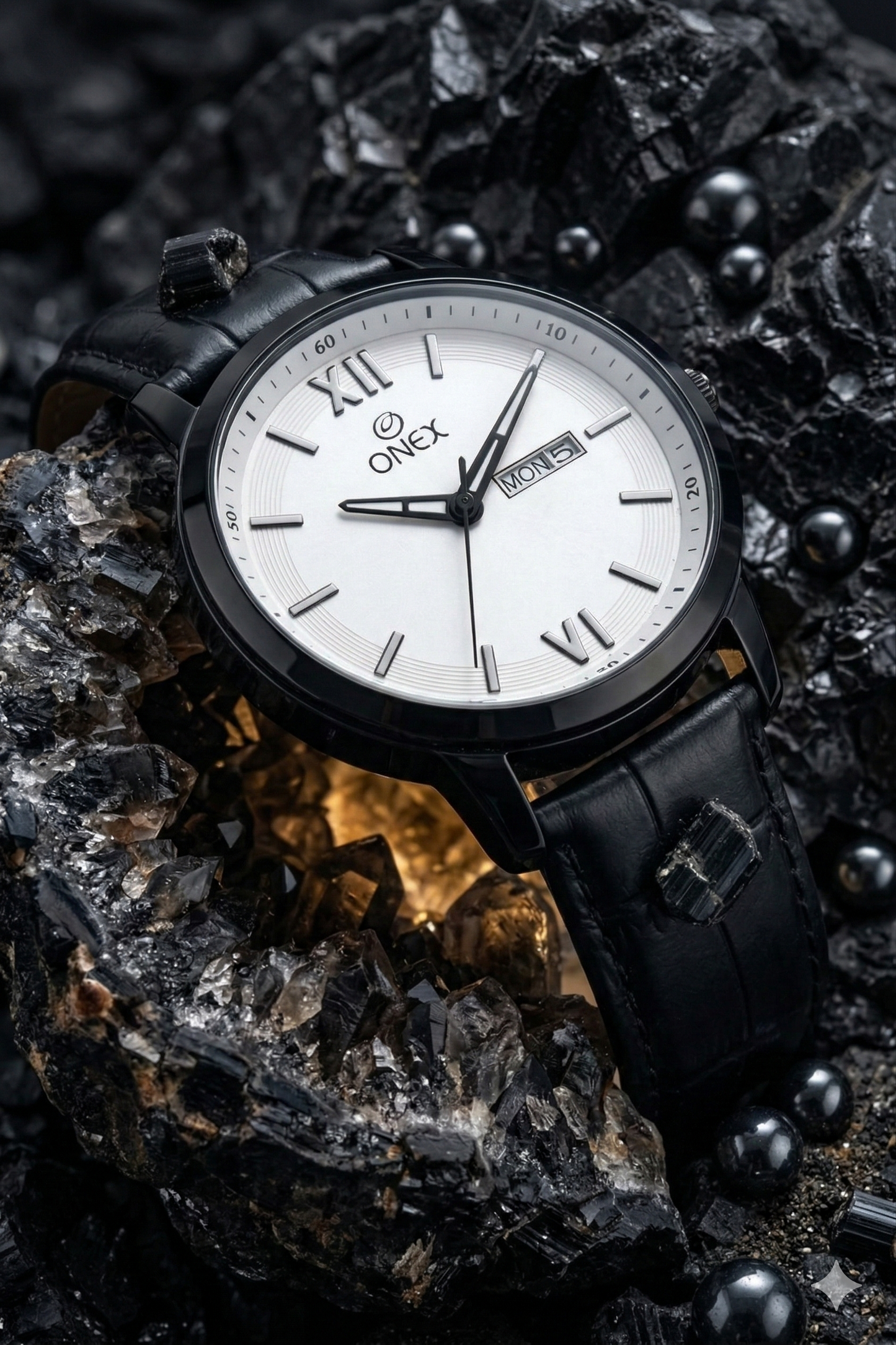 ONEX Men's Day & Date Analog Watch – White Dial, Black Case & Black Leather Strap