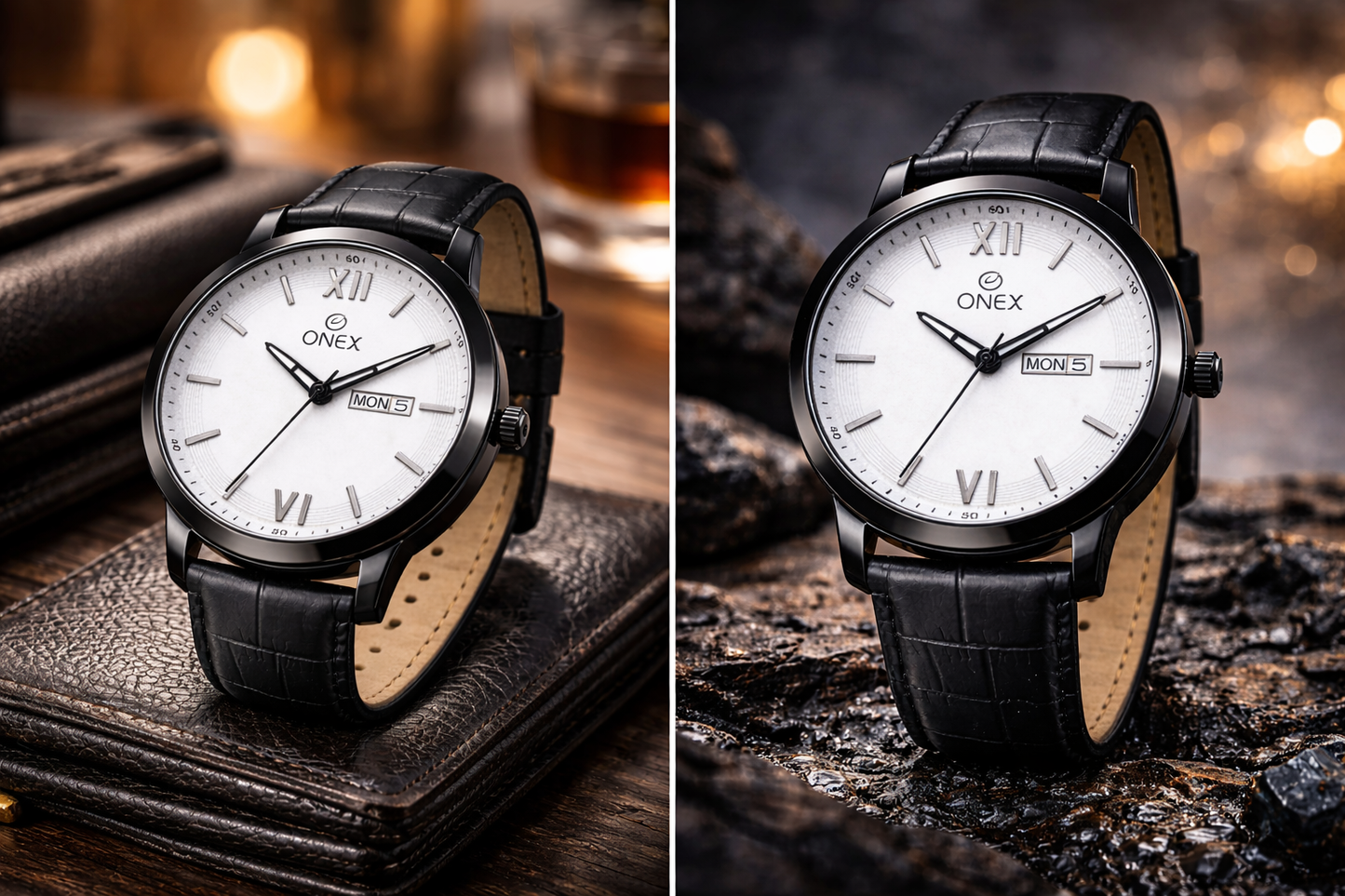 ONEX Men's Day & Date Analog Watch – White Dial, Black Case & Black Leather Strap