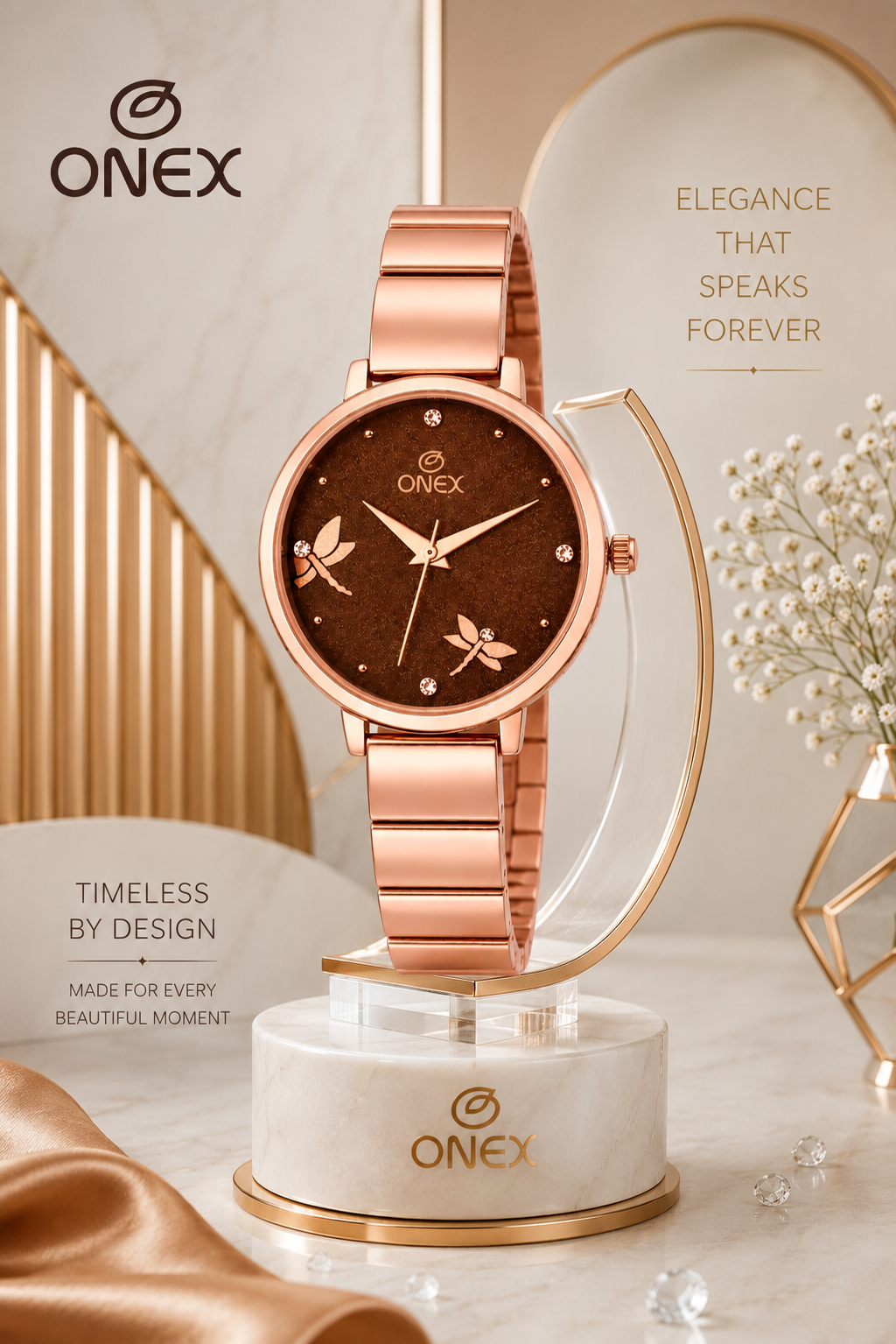 Onex Women’s Rose Gold Bracelet Watch with Crystal Markers & Dragonfly Dial