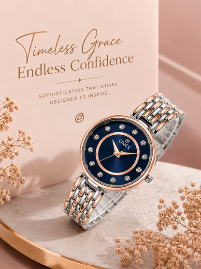 Onex Women’s Blue Analog Watch with Crystal Studded Dial & Dual Tone Bracelet Strap