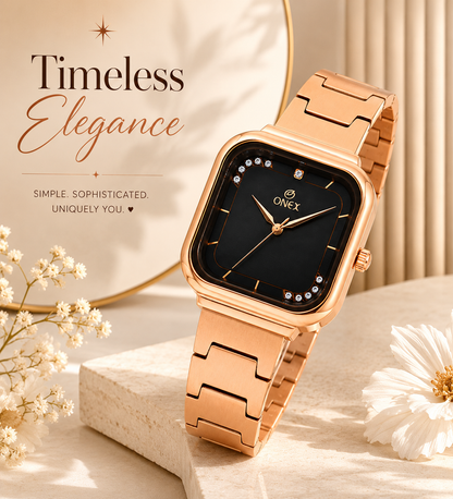 ONEX Rose Gold Square Dial Analog Watch for Women | Crystal Accent Dial | Metal Strap