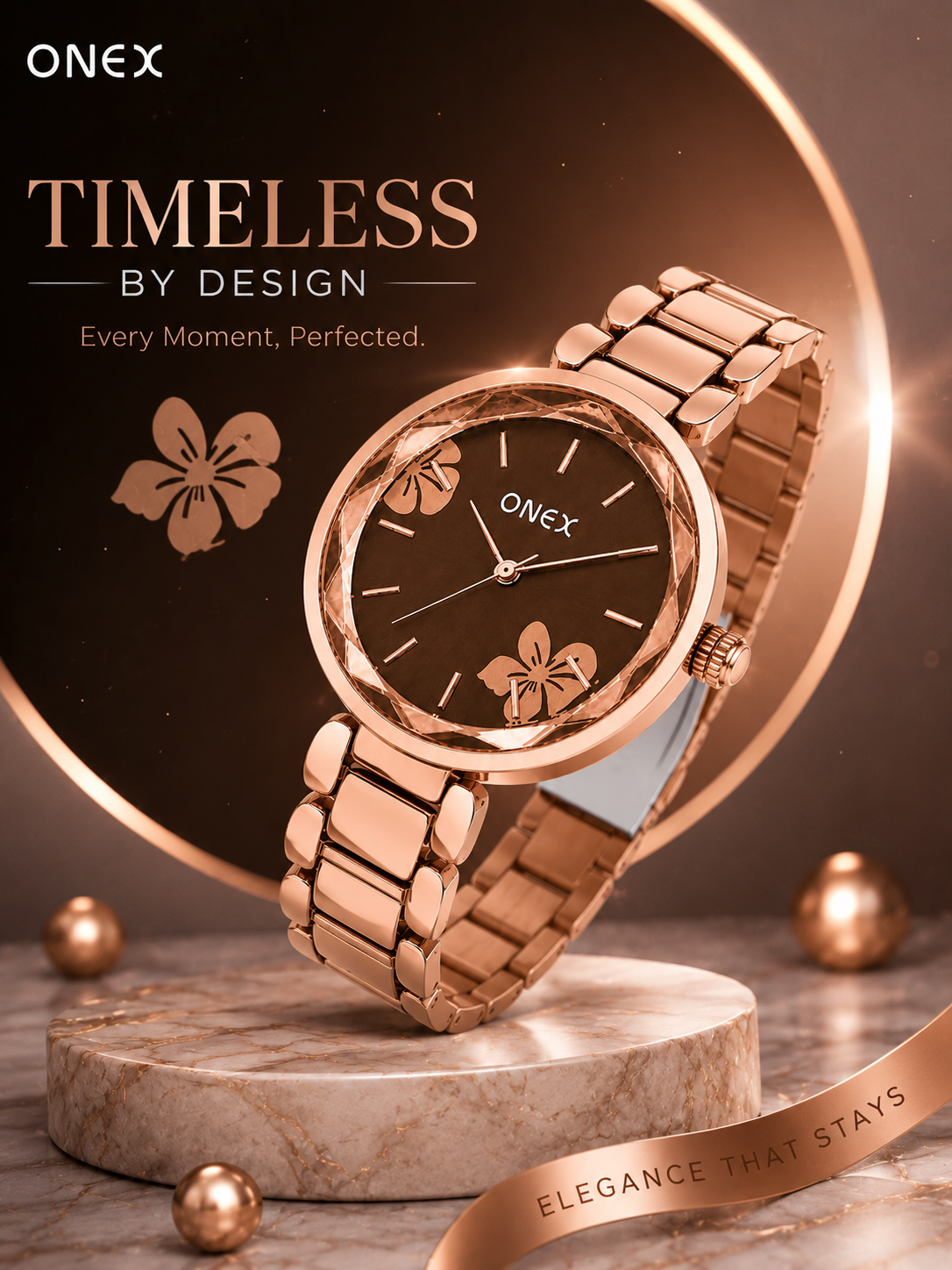 ONEX Women's Rose Gold Analog Watch | Floral Sunray Brown Dial | Premium Bracelet Strap | Quartz Movement | Elegant Dress Watch
