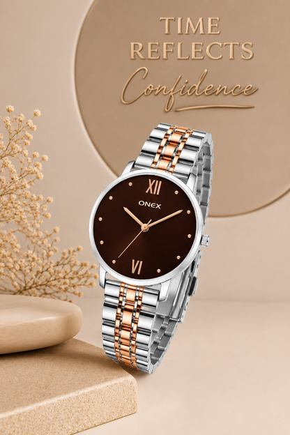 ONEX Women's Analog Wrist Watch for women | Two Tone Stainless Steel Bracelet Strap | Brown Sunray Dial | Premium Casual & Formal Watch