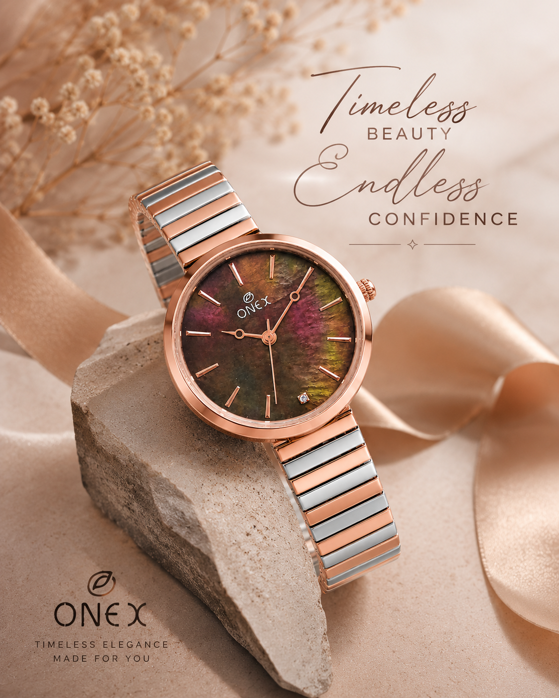 Onex Women’s Rose Gold Brown Pearl Dial Slim Bracelet Watch