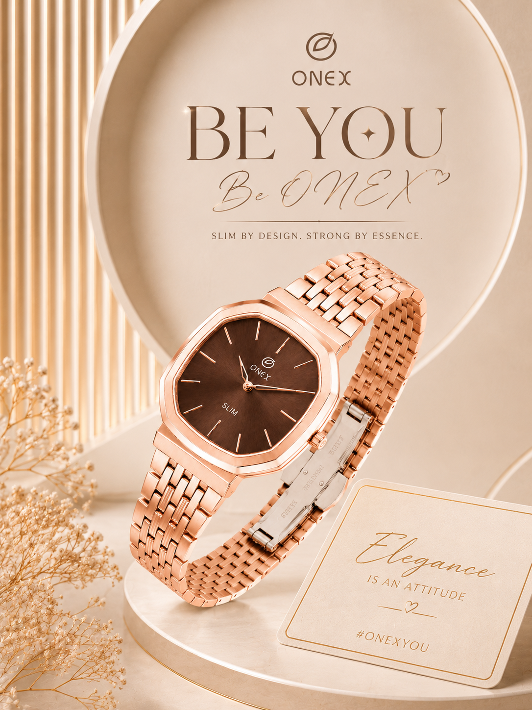 Onex Slim Rose Gold Stainless Steel Analog Watch for Women | Brown Sunray Dial | Elegant Bracelet Strap