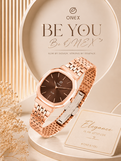 Onex Slim Rose Gold Stainless Steel Analog Watch for Women | Brown Sunray Dial | Elegant Bracelet Strap