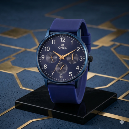 ONEX Men's Multifunction Analog Watch | Blue Dial with Day-Date Display | Blue Silicone Strap | Stylish Casual & Formal Wrist Watch for Men