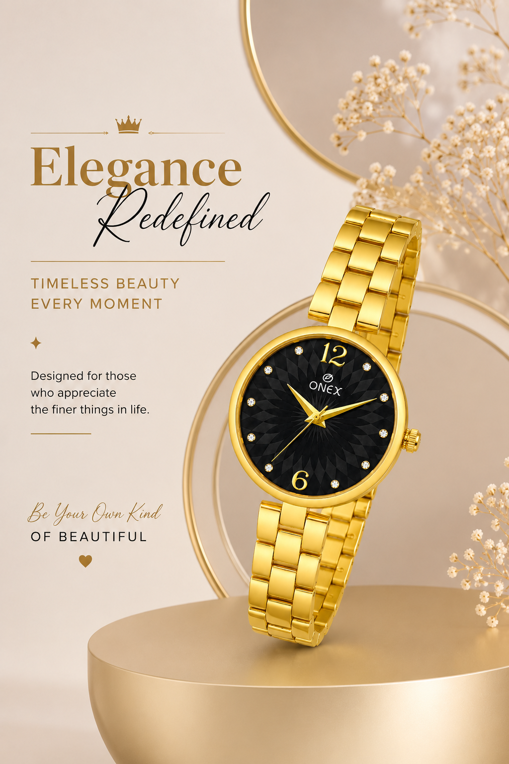 ONEX Women’s Gold-Tone Designer Bracelet Watch with Crystal Studded Dial Black