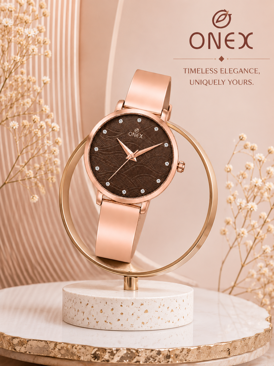 ONEX Women's Rose Gold Stainless Steel Analog Watch | Textured Brown Dial with Crystal Hour Markers | Elegant Bracelet Strap | Fashion Wrist Watch for Women
