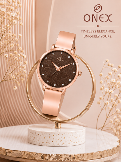 ONEX Women's Rose Gold Stainless Steel Analog Watch | Textured Brown Dial with Crystal Hour Markers | Elegant Bracelet Strap | Fashion Wrist Watch for Women