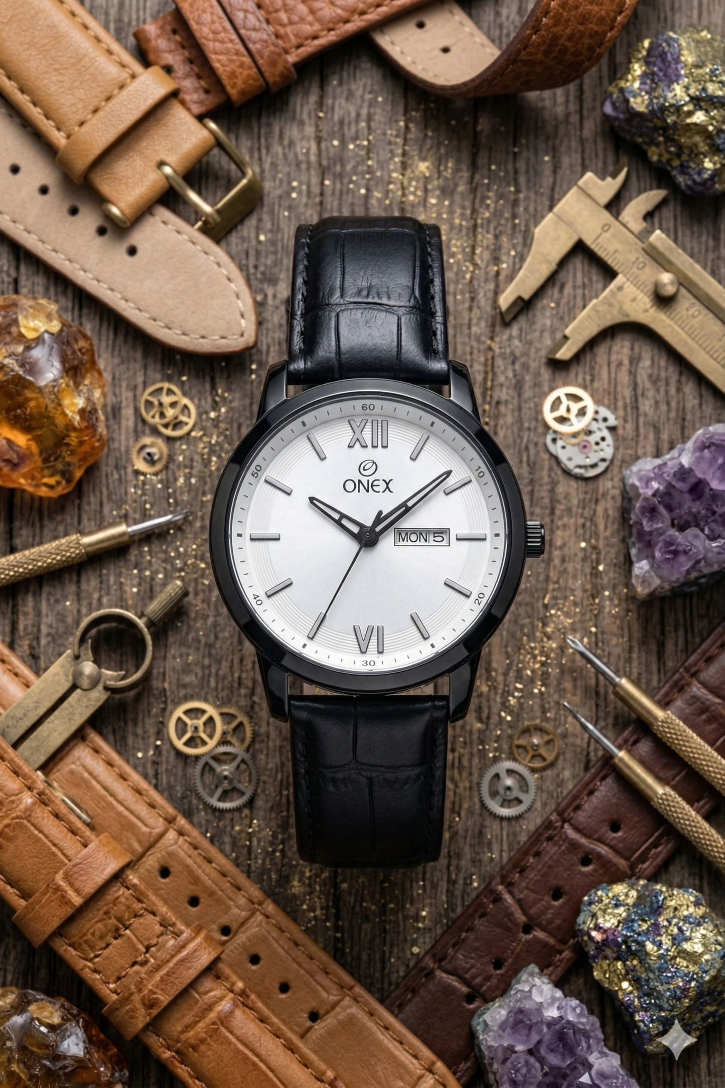 ONEX Men's Day & Date Analog Watch – White Dial, Black Case & Black Leather Strap