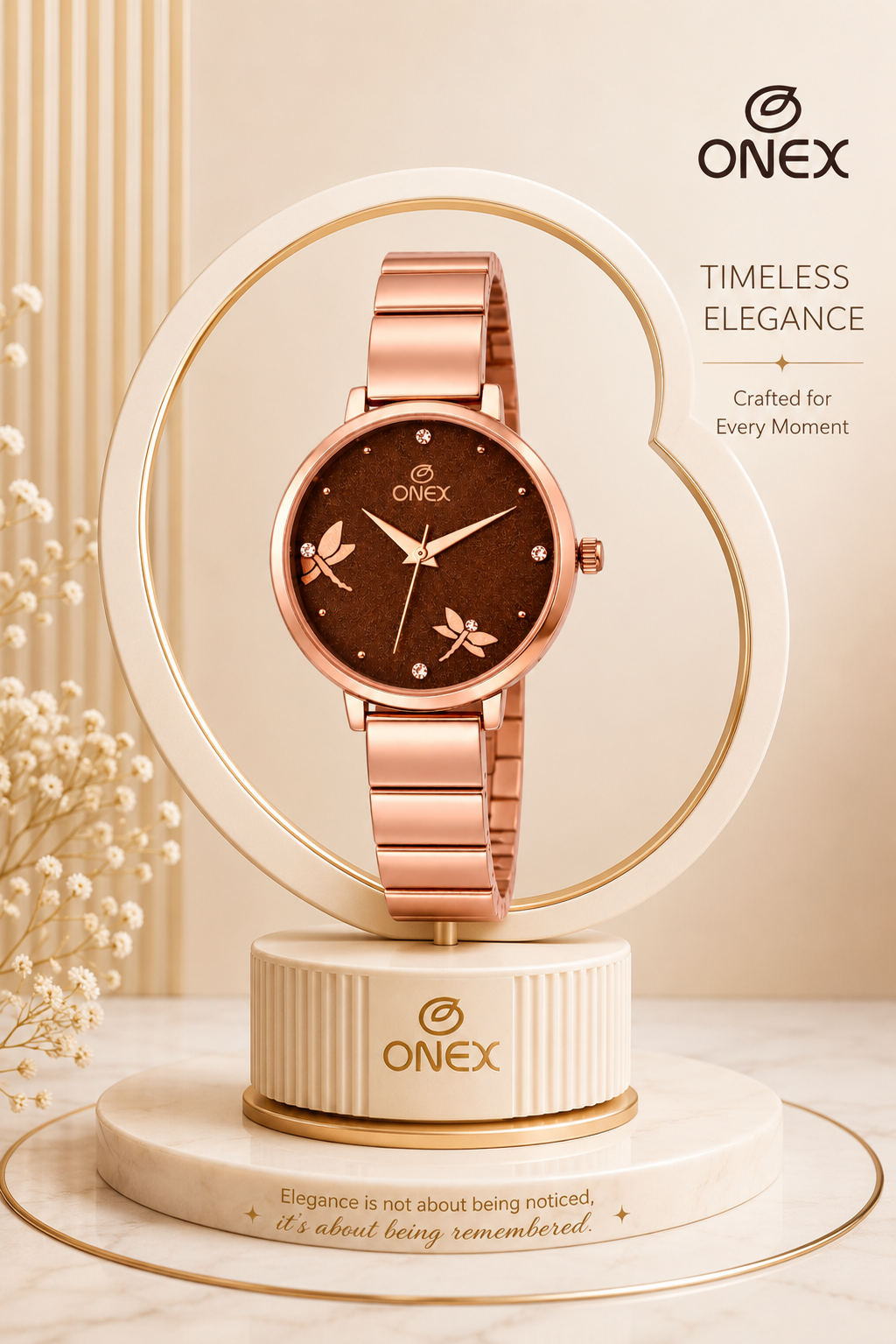 Onex Women’s Rose Gold Bracelet Watch with Crystal Markers & Dragonfly Dial