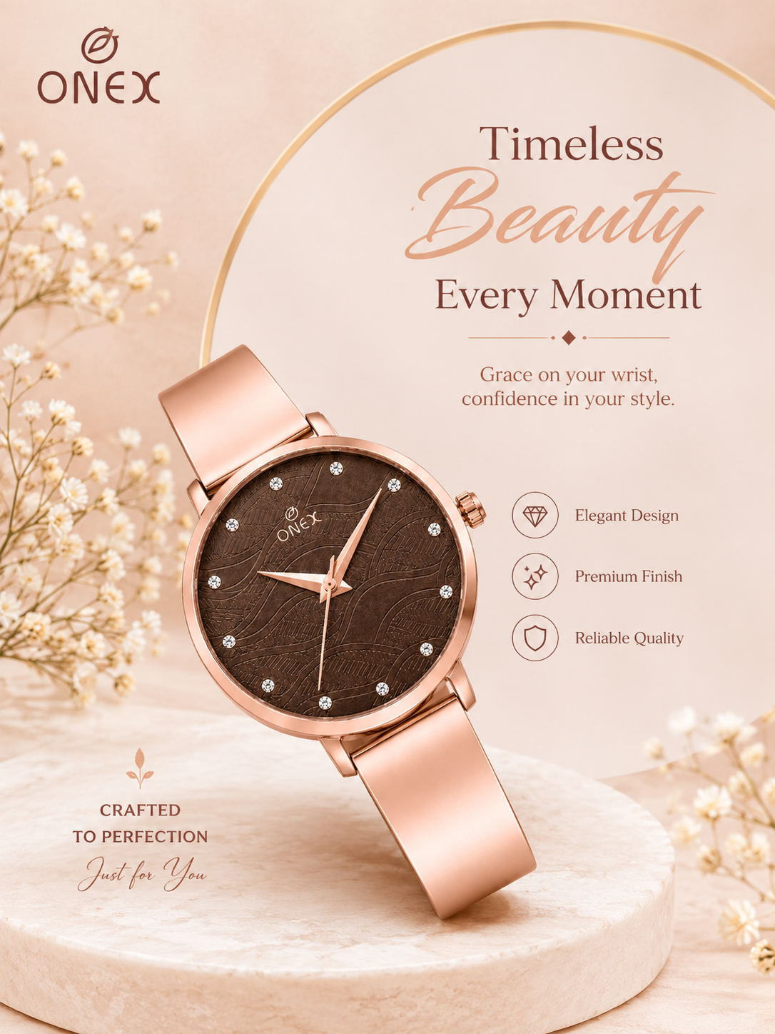 ONEX Women's Rose Gold Stainless Steel Analog Watch | Textured Brown Dial with Crystal Hour Markers | Elegant Bracelet Strap | Fashion Wrist Watch for Women