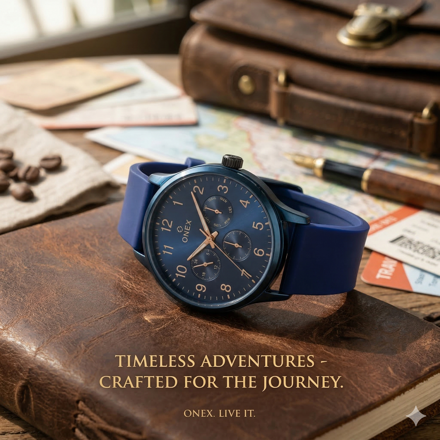 ONEX Men's Multifunction Analog Watch | Blue Dial with Day-Date Display | Blue Silicone Strap | Stylish Casual & Formal Wrist Watch for Men