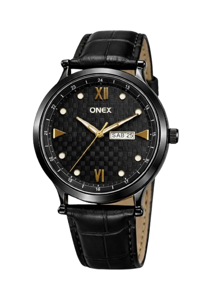 ONEX Men’s Analog Watch with Day & Date Display, Black Textured Dial, Black Leather Strap, Roman Index – Stylish Formal Wrist Watch for Men