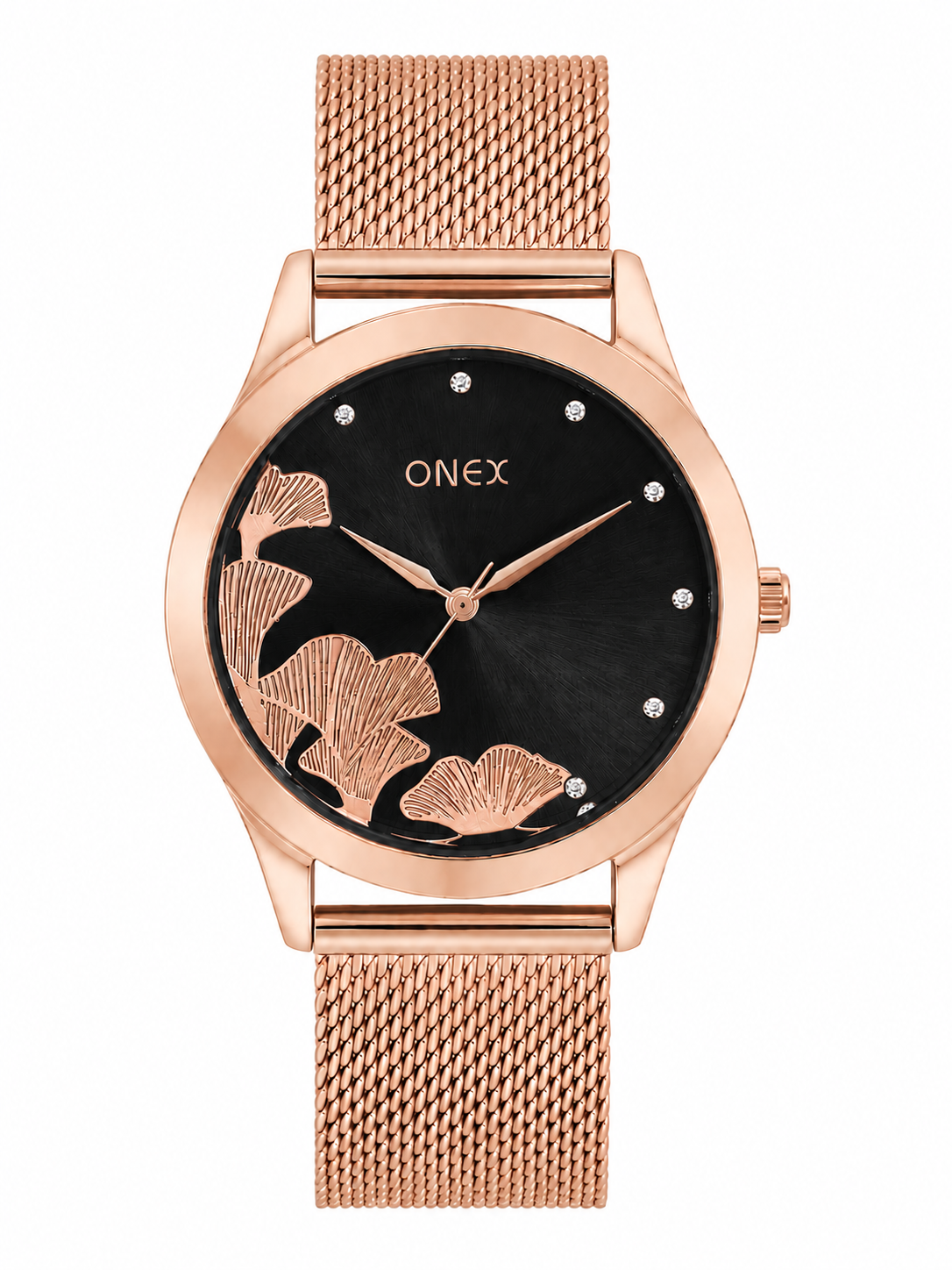 ONEX Women's Rose Gold Mesh Strap Analog Watch with Crystal Hour Markers & Elegant Floral Sunray Black Dial