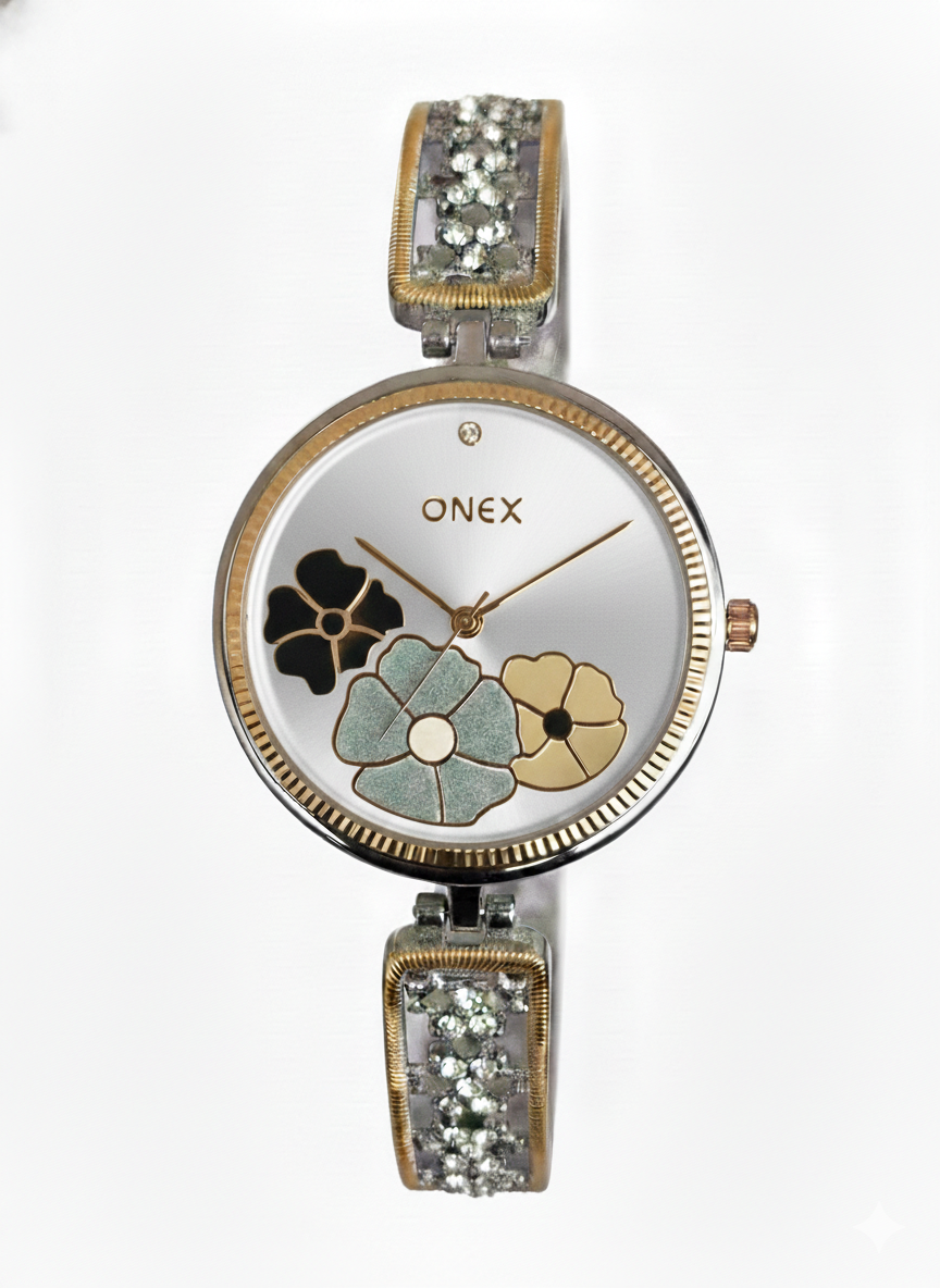 ONEX Women's Gold-Silver Floral Designer Analog Watch with Silver Dial & Crystal Bracelet | Premium Quartz Wrist Watch