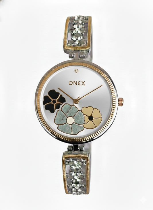 ONEX Women's Gold-Silver Floral Designer Analog Watch with Silver Dial & Crystal Bracelet | Premium Quartz Wrist Watch