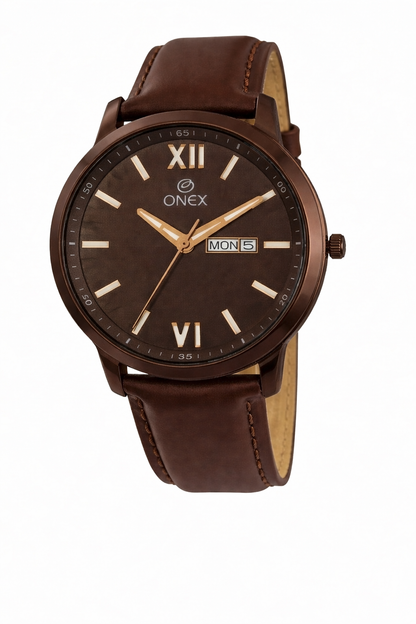 ONEX Men's Day & Date Analog Watch – Brown Dial, Brown Case & Brown Leather Strap