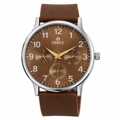 ONEX Men's Multifunction Analog Watch | Silver Dial with Day-Date Display | Black Silicone Strap | Stylish Casual & Formal Wrist Watch for Men