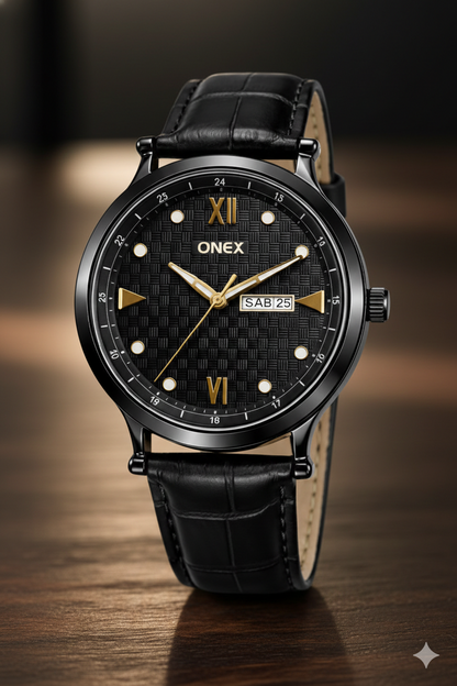 ONEX Men’s Analog Watch with Day & Date Display, Black Textured Dial, Black Leather Strap, Roman Index – Stylish Formal Wrist Watch for Men
