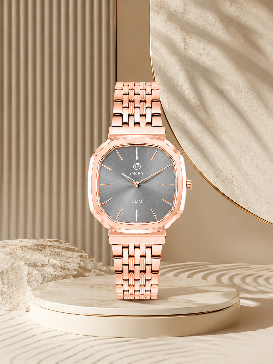Onex Slim Rose Gold Stainless Steel Analog Watch for Women | Grey Sunray Dial | Elegant Bracelet Strap