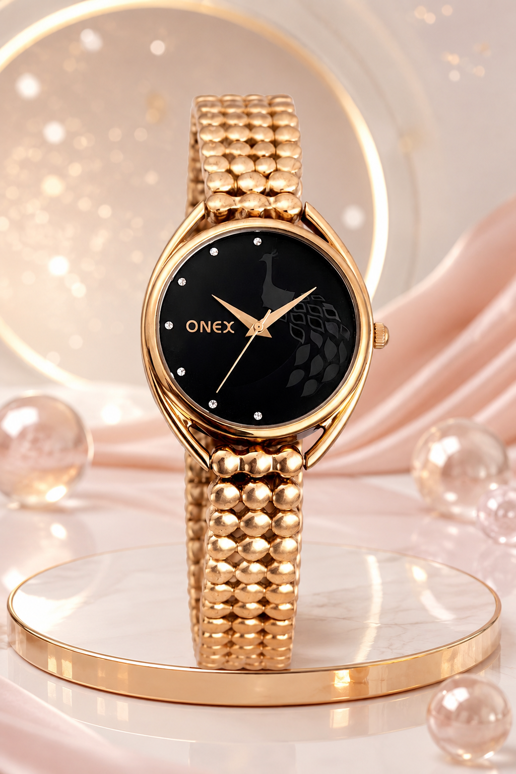 ONEX Elegant Rose Gold Bracelet Watch for Women | Stylish Black Dial Analog Watch | Party & Daily Wear