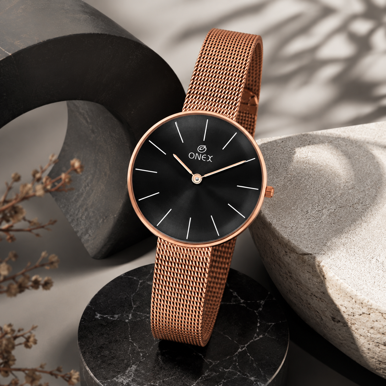 ONEX Women’s Rose Gold Analog Watch with Minimalist Dial & Mesh Metal Strap