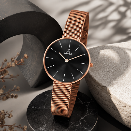 ONEX Women’s Rose Gold Analog Watch with Minimalist Dial & Mesh Metal Strap