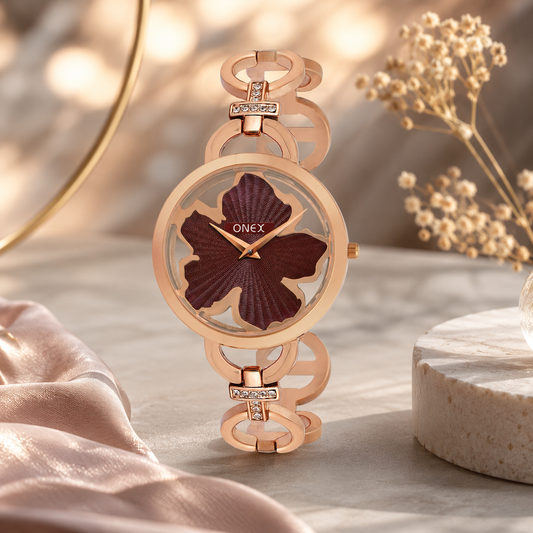 ONEX Rose Gold Women’s Bracelet Watch with Brown Textured Dial & Crystal Accents