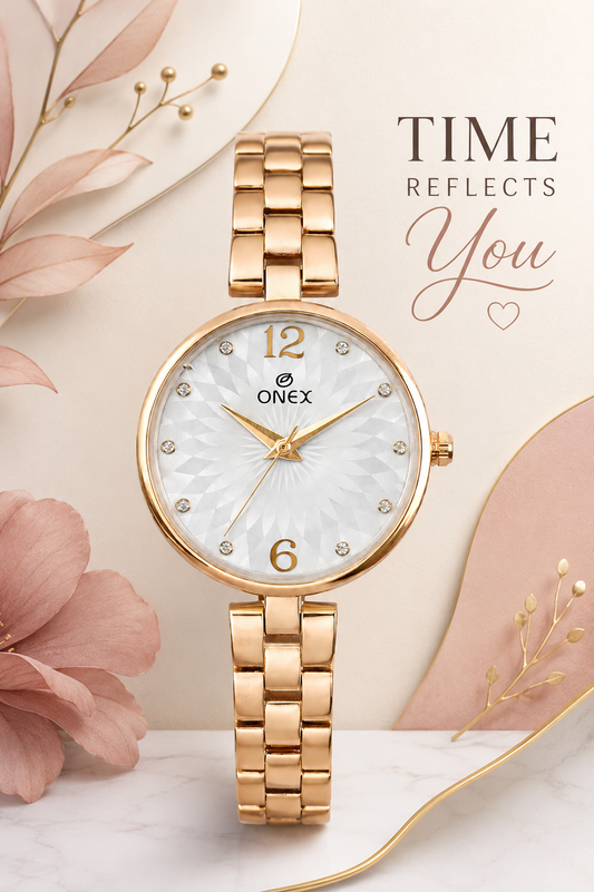 ONEX Women’s RoseGold-Tone Designer Bracelet Watch with Crystal Studded Dial Silver
