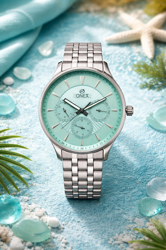 ONEX Men's Premium Multifunction Analog Watch for Men | Peach Sunray Dial | Silver Stainless Steel Bracelet | Quartz Movement | Stylish Casual & Formal Wrist Watch