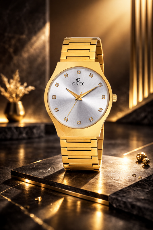 ONEX Premium Gold-Tone Analog Watch with Gold Sunray Dial & Crystal Hour Markers