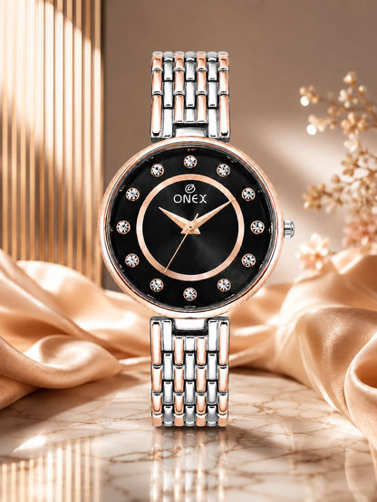 Onex Women’s Black Analog Watch with Crystal Studded Dial & Dual Tone Bracelet Strap