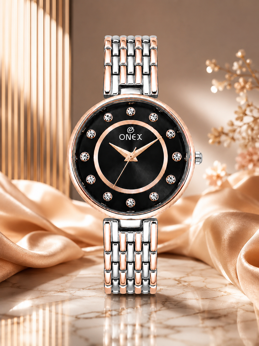Onex Women’s Black Analog Watch with Crystal Studded Dial & Dual Tone Bracelet Strap