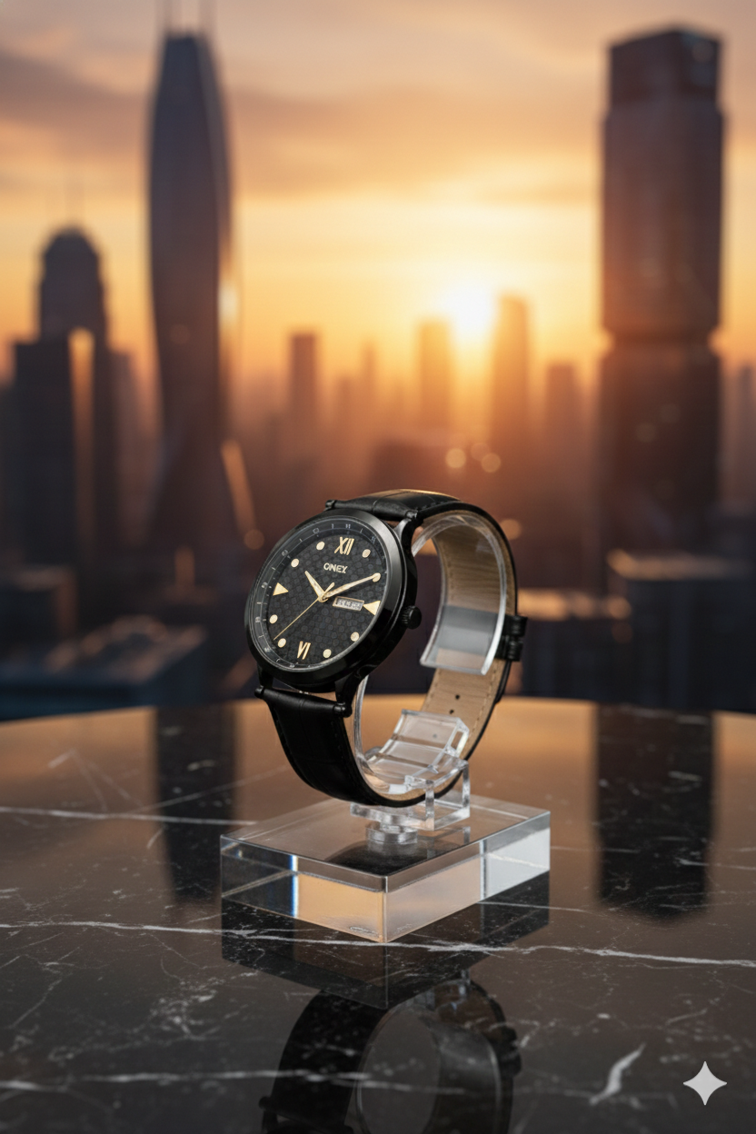 ONEX Men’s Analog Watch with Day & Date Display, Black Textured Dial, Black Leather Strap, Roman Index – Stylish Formal Wrist Watch for Men