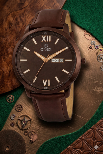 ONEX Men's Day & Date Analog Watch – Brown Dial, Brown Case & Brown Leather Strap