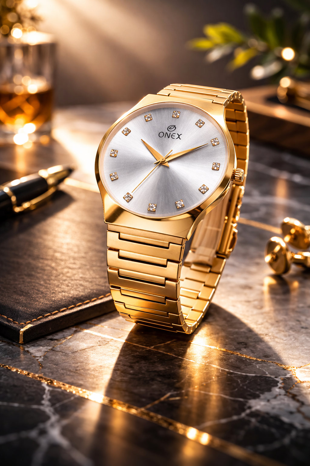 ONEX Premium Gold-Tone Analog Watch with Gold Sunray Dial & Crystal Hour Markers