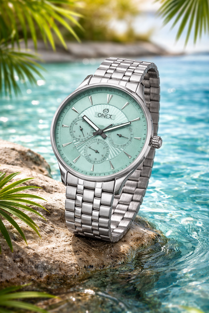 ONEX Men's Premium Multifunction Analog Watch for Men | Peach Sunray Dial | Silver Stainless Steel Bracelet | Quartz Movement | Stylish Casual & Formal Wrist Watch