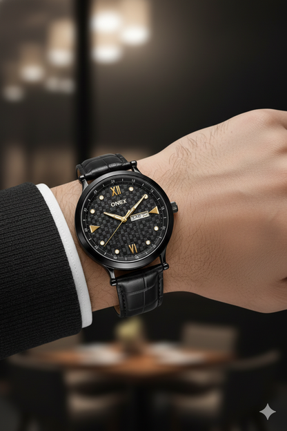 ONEX Men’s Analog Watch with Day & Date Display, Black Textured Dial, Black Leather Strap, Roman Index – Stylish Formal Wrist Watch for Men