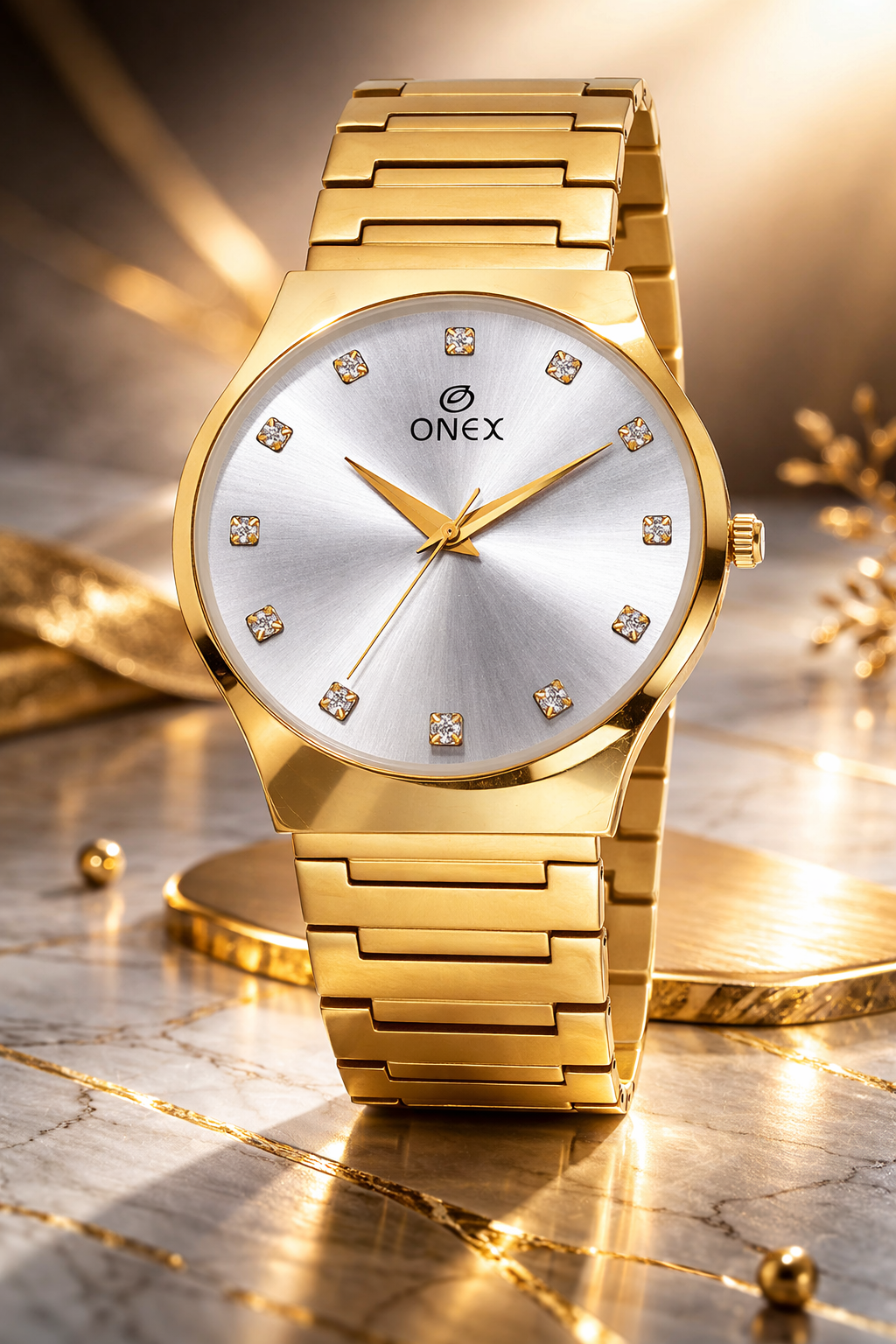 ONEX Premium Gold-Tone Analog Watch with Gold Sunray Dial & Crystal Hour Markers