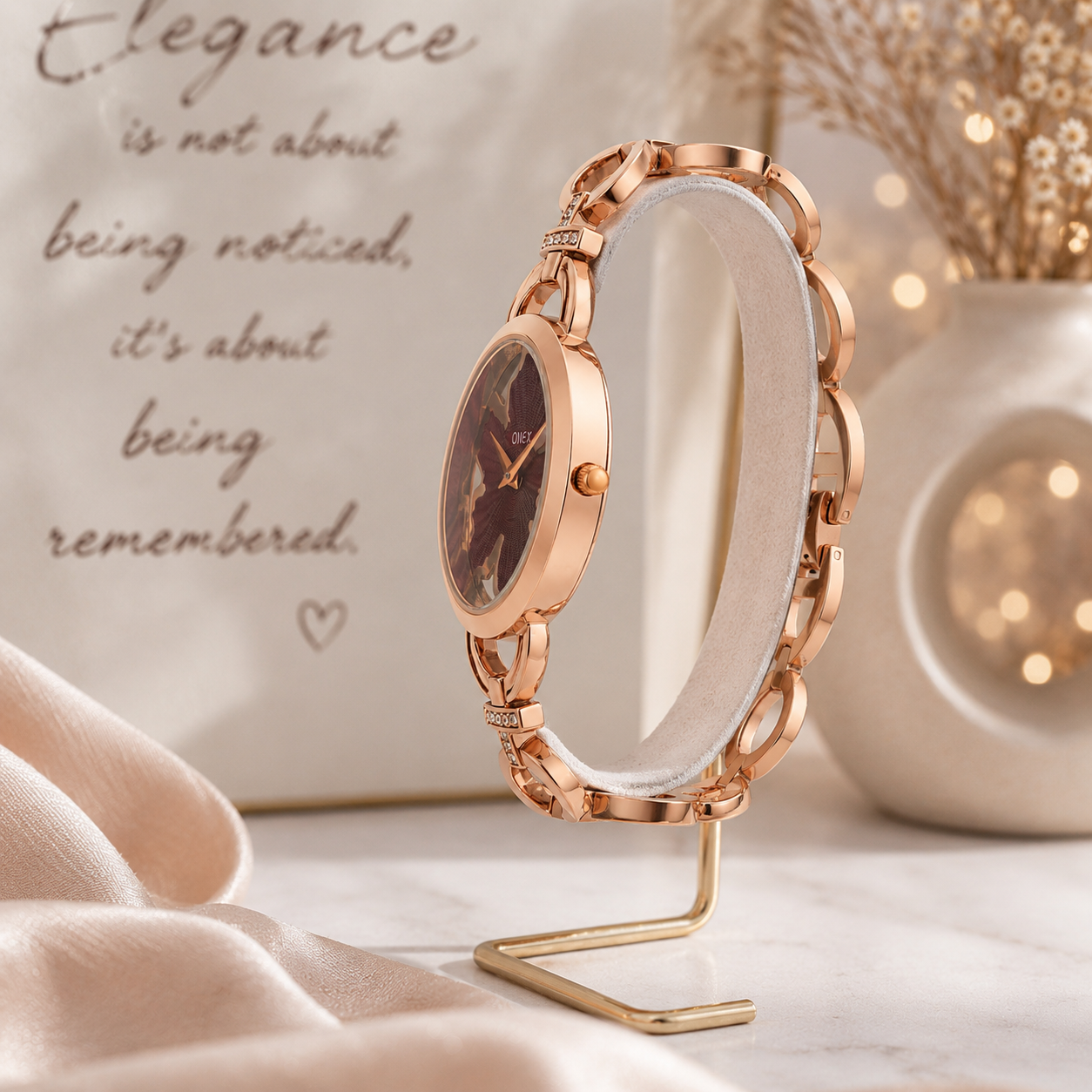 ONEX Rose Gold Women’s Bracelet Watch with Brown Textured Dial & Crystal Accents