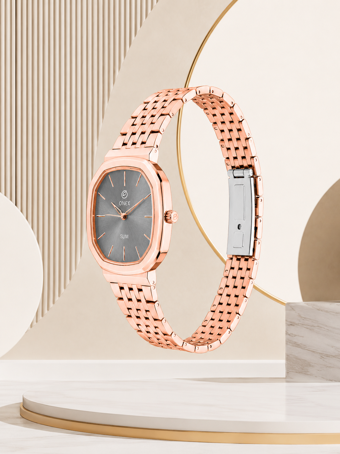 Onex Slim Rose Gold Stainless Steel Analog Watch for Women | Grey Sunray Dial | Elegant Bracelet Strap