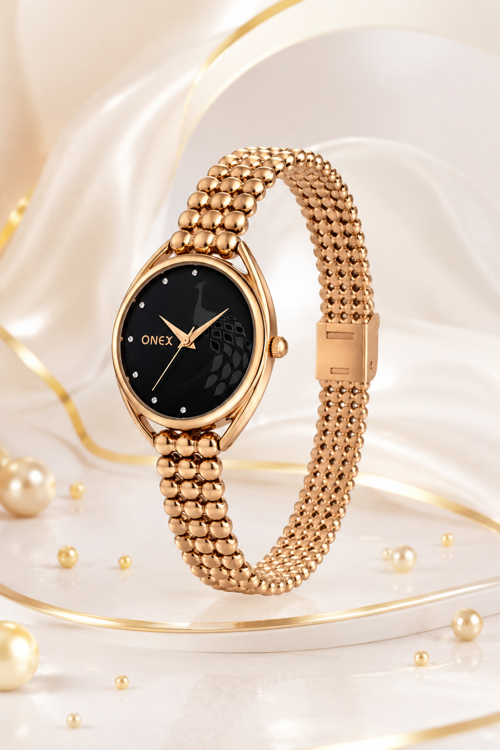 ONEX Elegant Rose Gold Bracelet Watch for Women | Stylish Black Dial Analog Watch | Party & Daily Wear