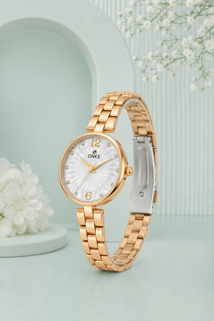 ONEX Women’s RoseGold-Tone Designer Bracelet Watch with Crystal Studded Dial Silver