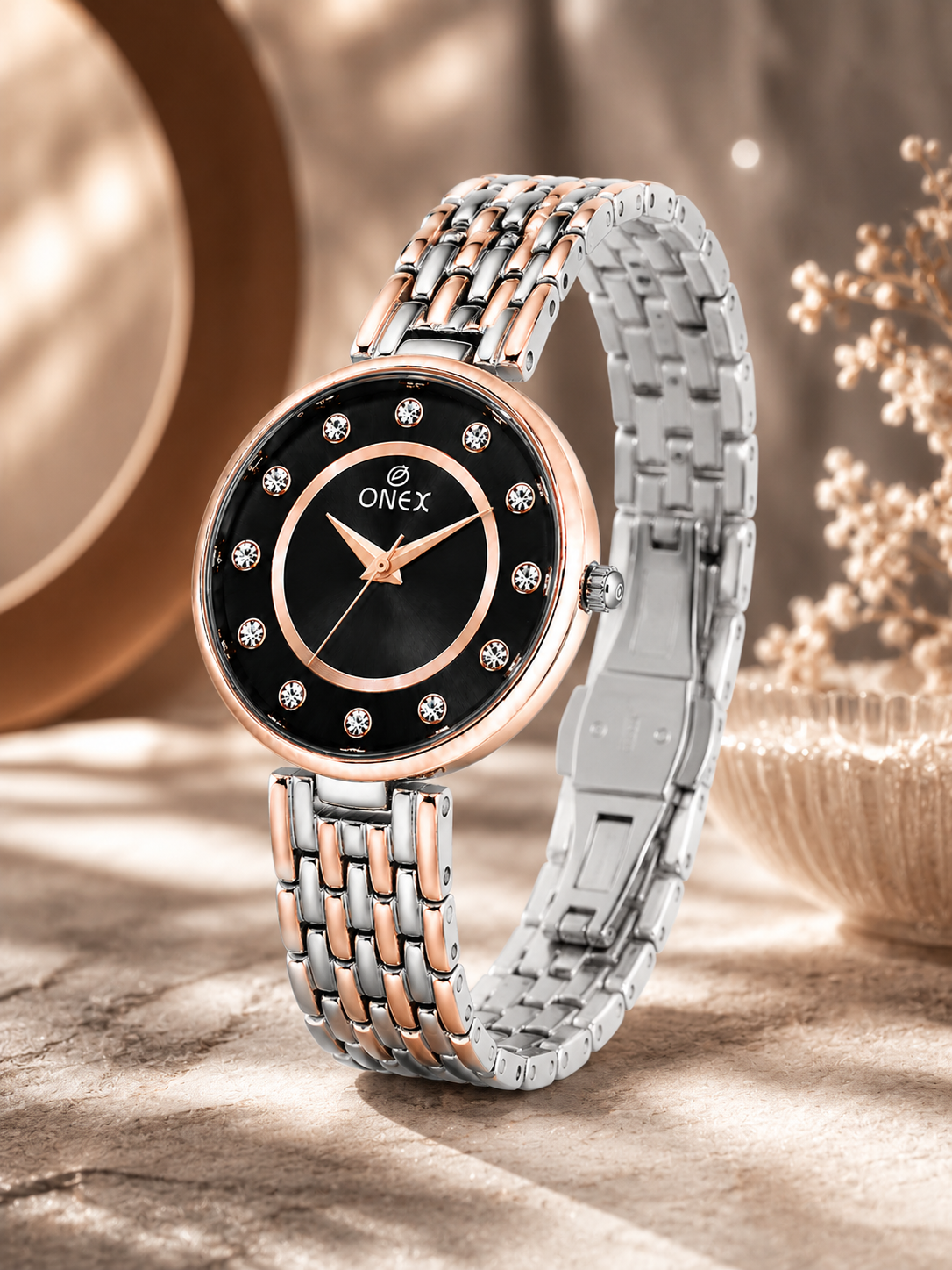 Onex Women’s Black Analog Watch with Crystal Studded Dial & Dual Tone Bracelet Strap