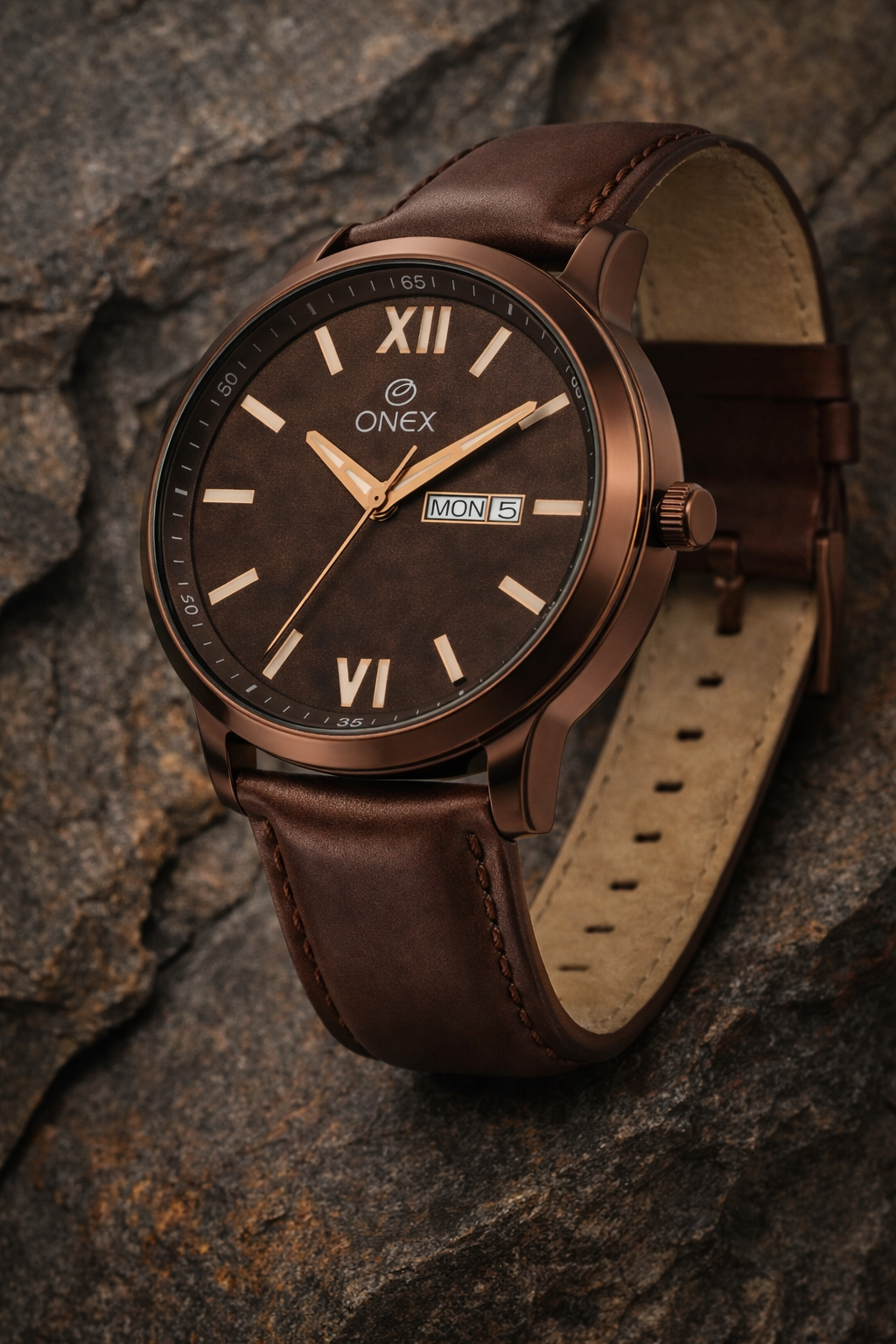 ONEX Men's Day & Date Analog Watch – Brown Dial, Brown Case & Brown Leather Strap