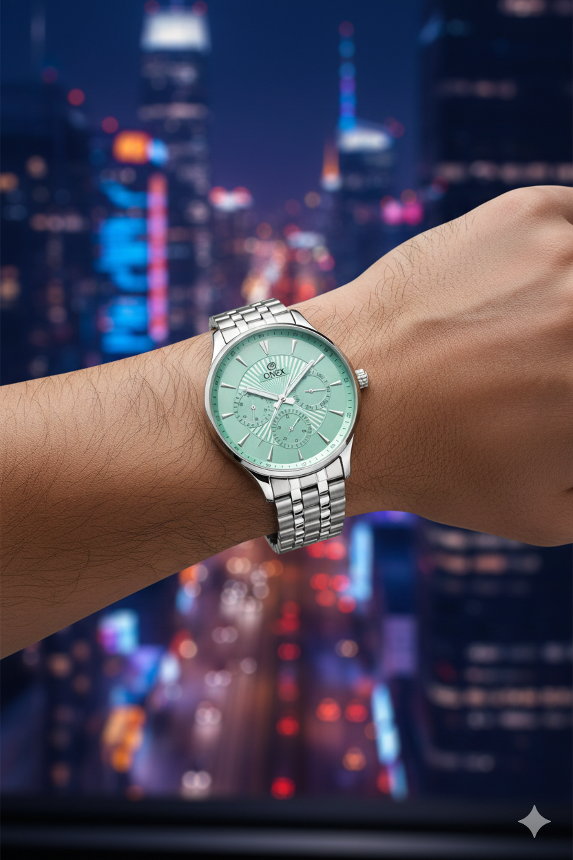 ONEX Men's Premium Multifunction Analog Watch for Men | Peach Sunray Dial | Silver Stainless Steel Bracelet | Quartz Movement | Stylish Casual & Formal Wrist Watch